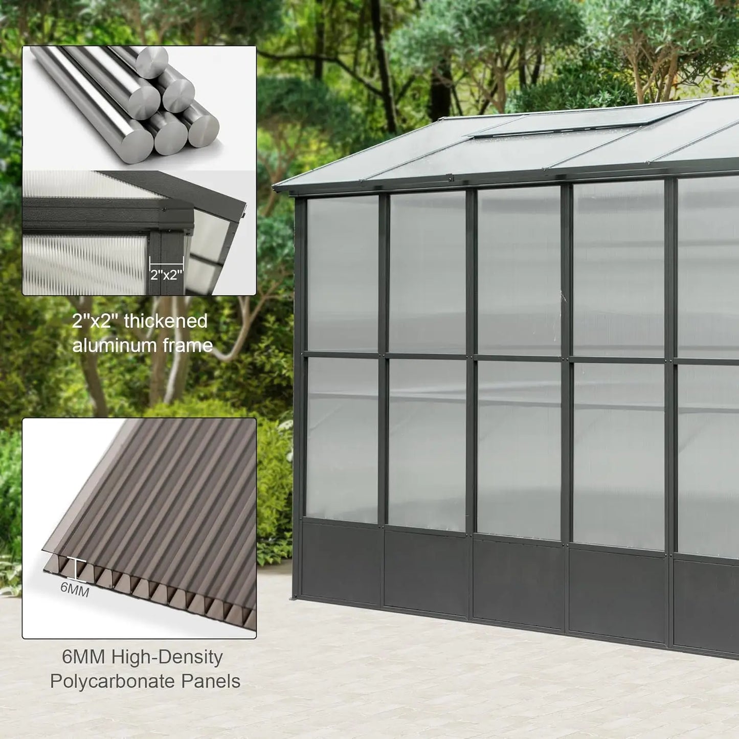 XMSJ Polycarbonate Greenhouse With Automatic Vent And Walk-In Aluminum Frame