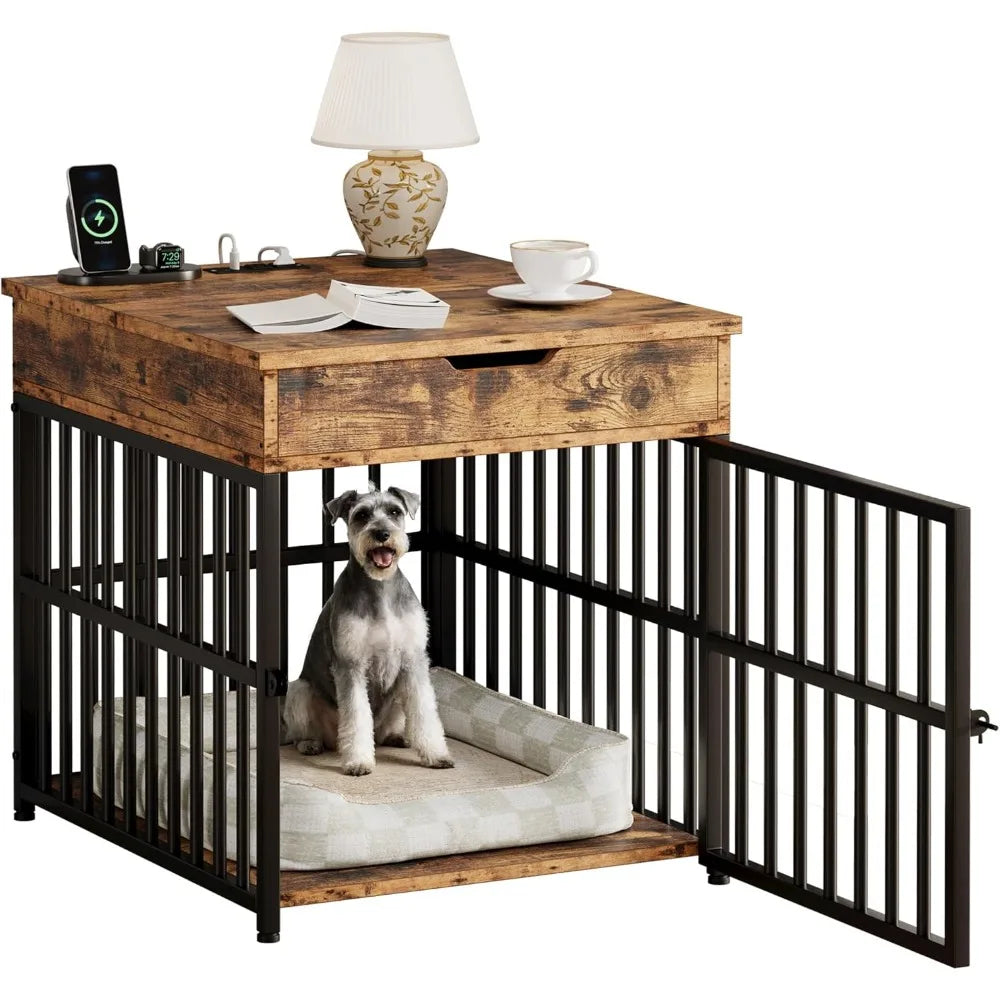 DAFIFY Ironck Dog Crate Furniture End Table With Flip Top Drawer