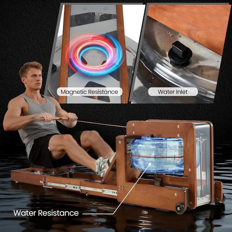 Water Rowing Machine for Home with Drawer-Style Folding Design Heavy Duty Water Fitness Oak Wood Immersive