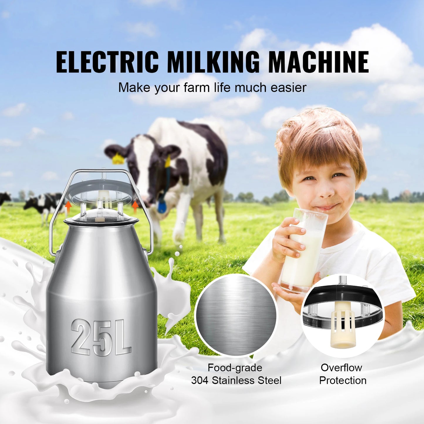 SucceBuy Electric Cow Milking Machine Stainless Steel Pulsation Vacuum
