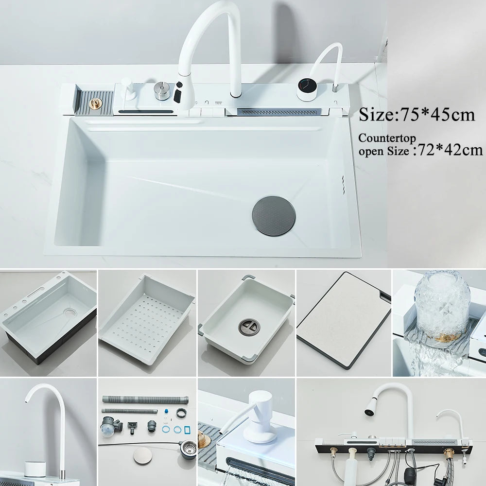 MYQualife 304 Stainless Steel Waterfall Kitchen Sink Faucet Set Digital Display