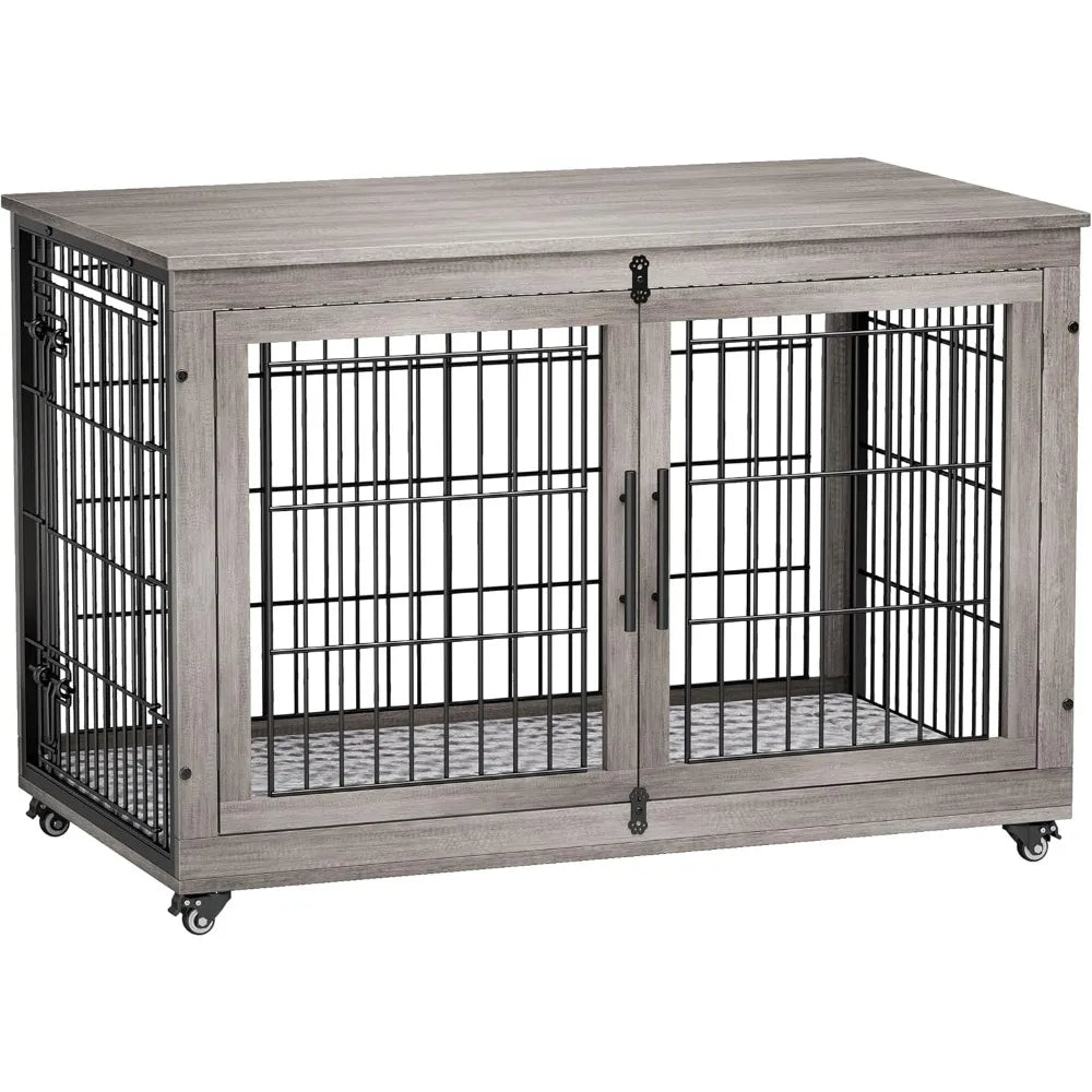 MKDK Dog Crate Furniture Wooden Kennel Double Doors With Wheels