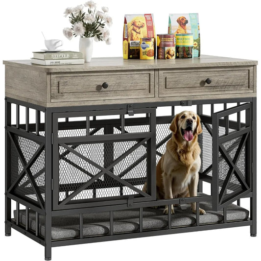 Wooden Dog Crate With Storage Drawers Decorative Kennel Furniture