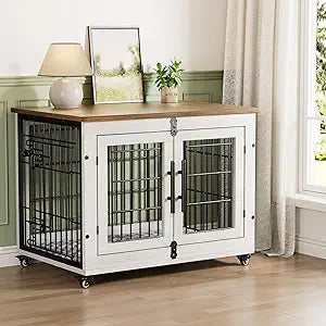 MKDK Dog Crate Furniture Wooden Kennel Double Doors With Wheels