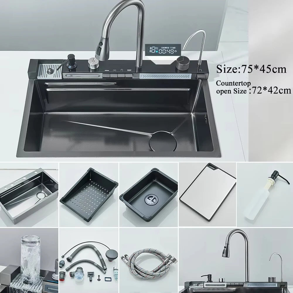 MYQualife 304 Stainless Steel Waterfall Kitchen Sink Faucet Set Digital Display