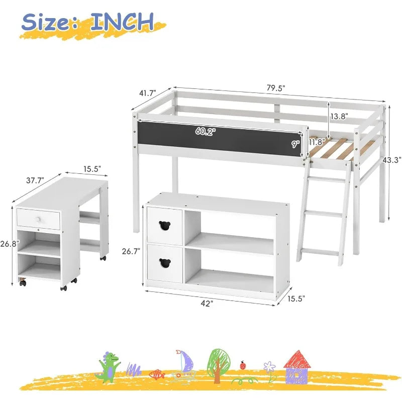 Low Loft Bed With Desk And Blackboard In Solid Wood