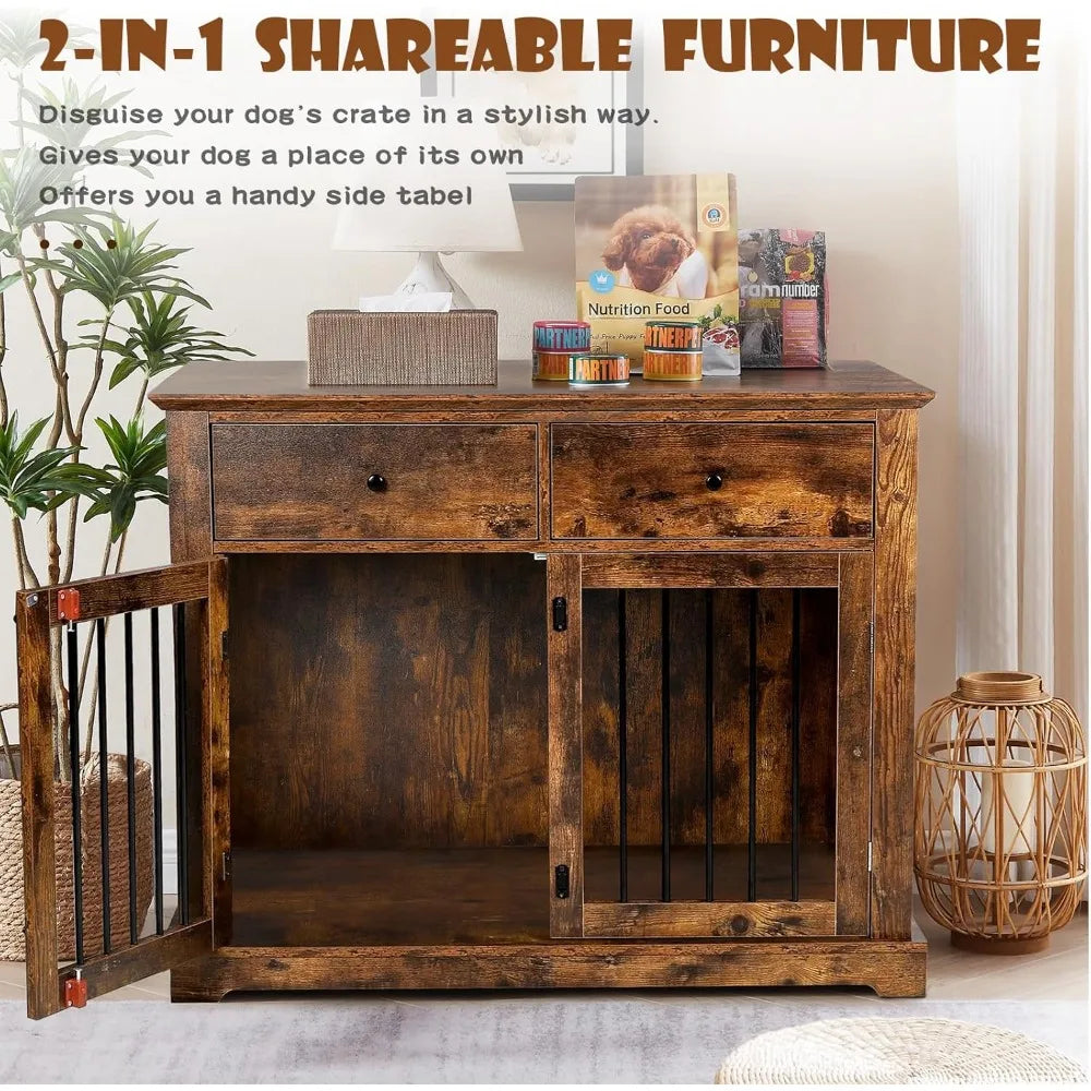 Wooden Dog Crate End Table With Storage Drawers