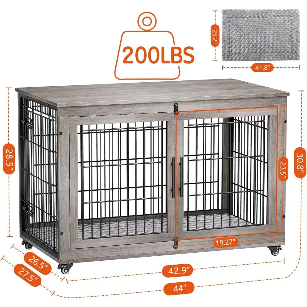 MKDK Dog Crate Furniture Wooden Kennel Double Doors With Wheels