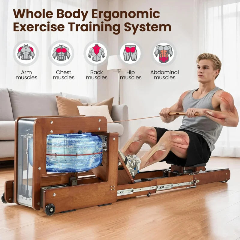 Water Rowing Machine for Home with Drawer-Style Folding Design Heavy Duty Water Fitness Oak Wood Immersive