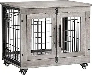 MKDK Dog Crate Furniture Wooden Kennel Double Doors With Wheels