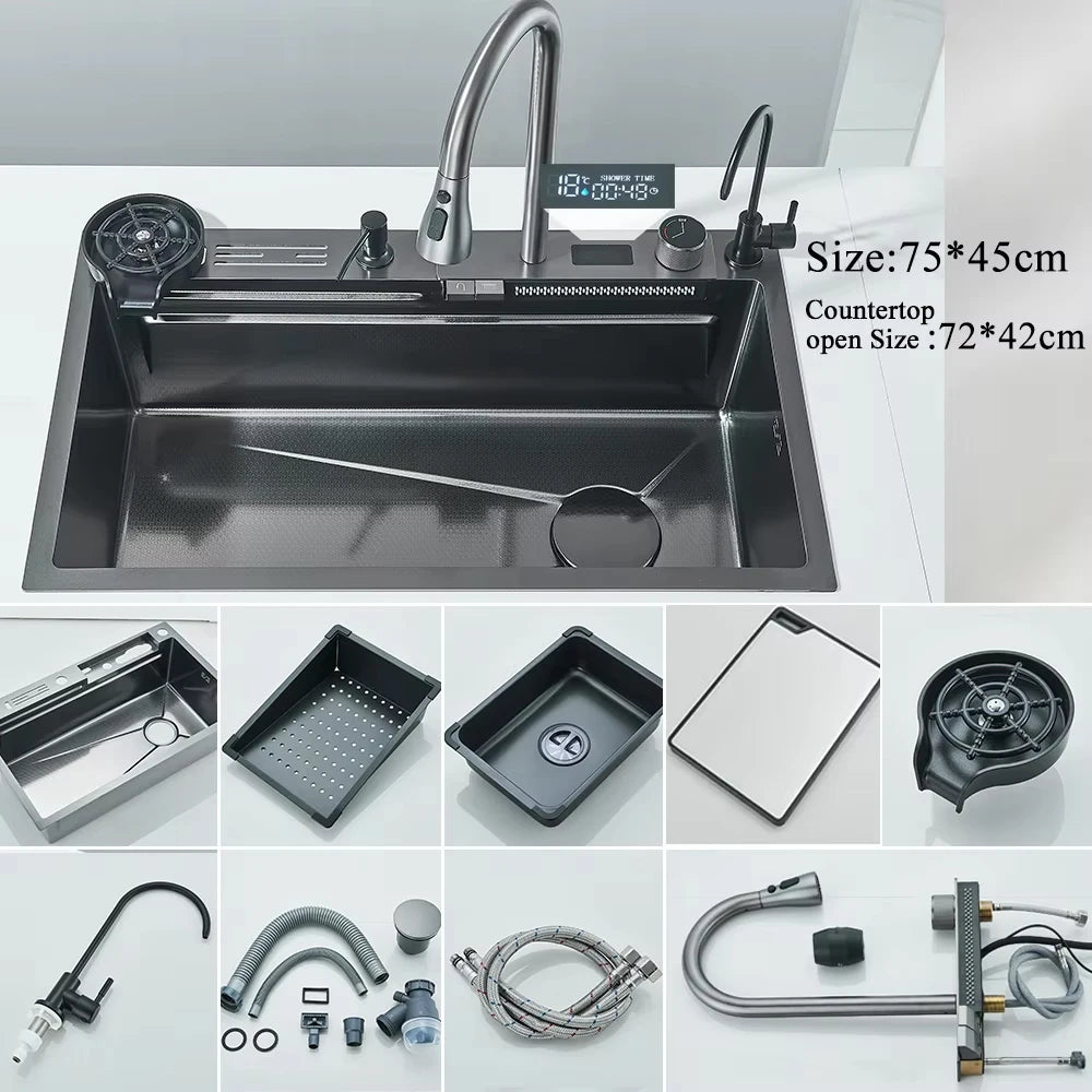 MYQualife 304 Stainless Steel Waterfall Kitchen Sink Faucet Set Digital Display