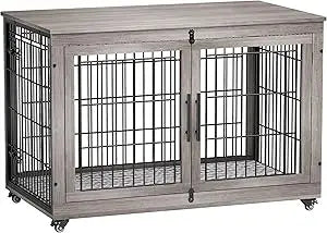 MKDK Dog Crate Furniture Wooden Kennel Double Doors With Wheels