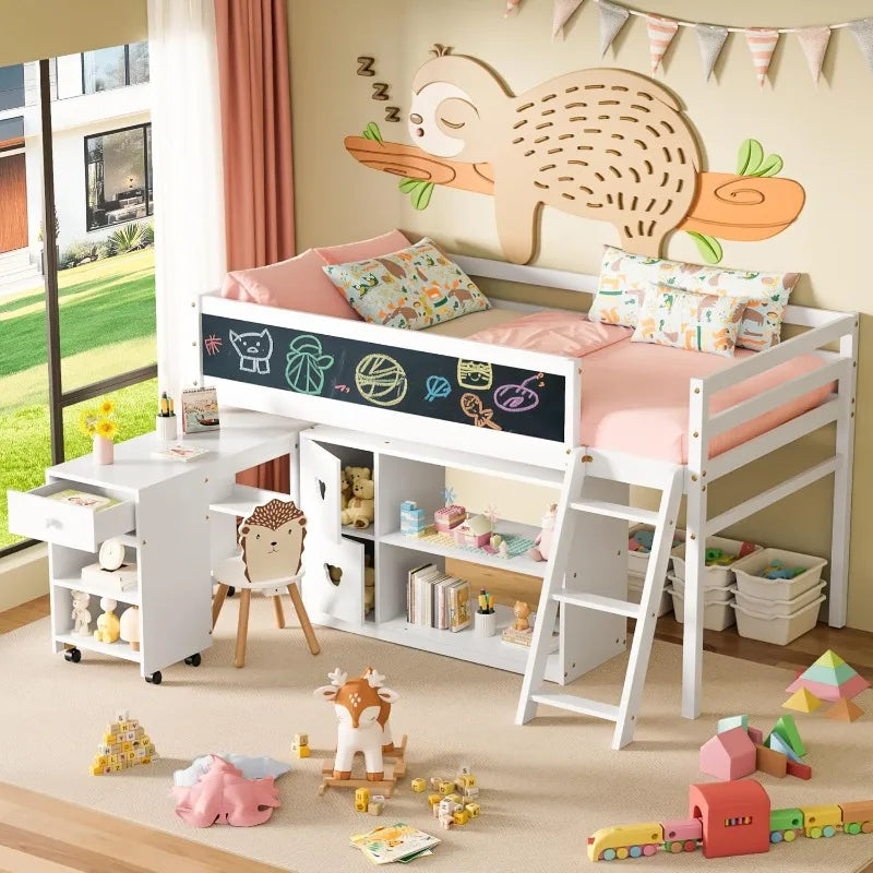 Low Loft Bed With Desk And Blackboard In Solid Wood