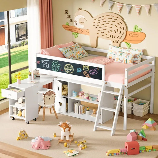 Low Loft Bed With Desk And Blackboard In Solid Wood