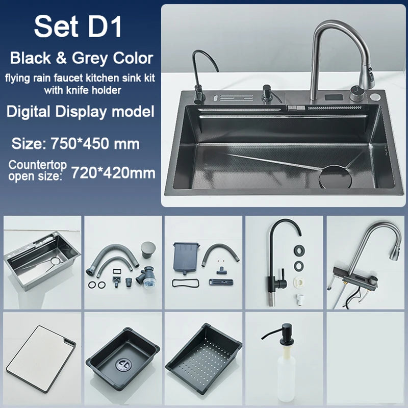 Rozin 304 Stainless Steel Kitchen Sink With Digital Waterfall Faucet