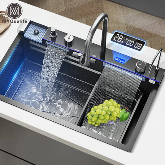 MYQualife 304 Stainless Steel Waterfall Kitchen Sink Faucet Set Digital Display