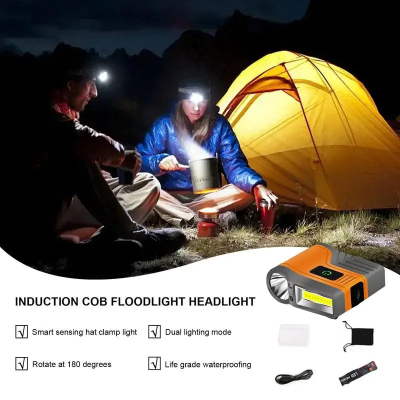 Induction COB Floodlight Head Torch Headlight Torch LED Hat Clip Lamp Flashlight with Long Battery Life for Night Riding