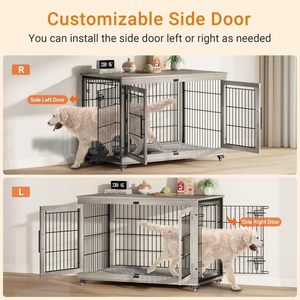 MKDK Dog Crate Furniture Wooden Kennel Double Doors With Wheels