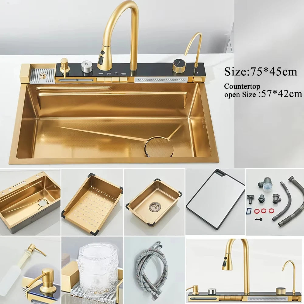 MYQualife 304 Stainless Steel Waterfall Kitchen Sink Faucet Set Digital Display