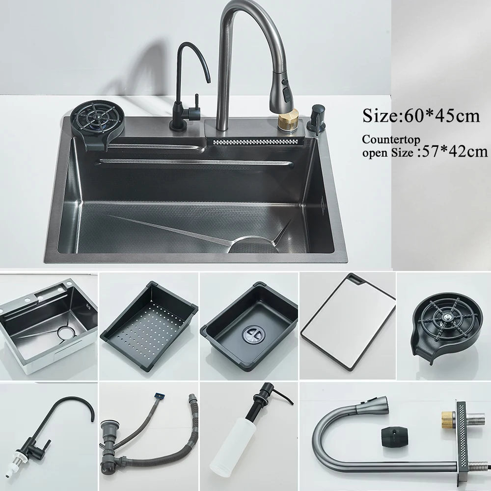 MYQualife 304 Stainless Steel Waterfall Kitchen Sink Faucet Set Digital Display