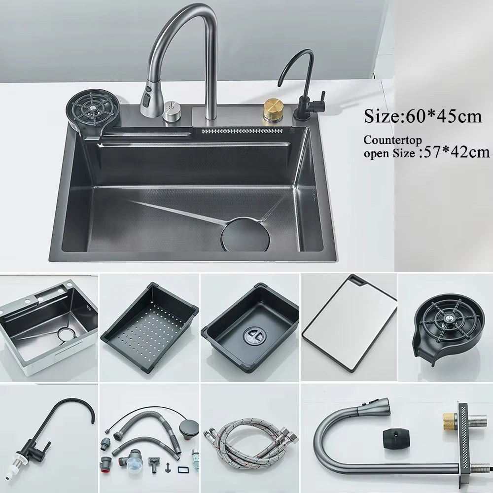 MYQualife 304 Stainless Steel Waterfall Kitchen Sink Faucet Set Digital Display