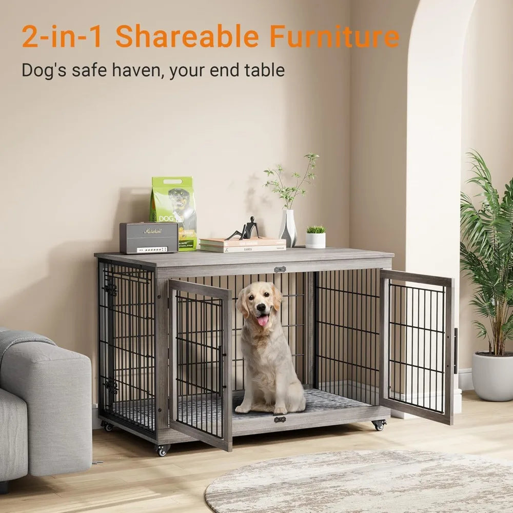 MKDK Dog Crate Furniture Wooden Kennel Double Doors With Wheels