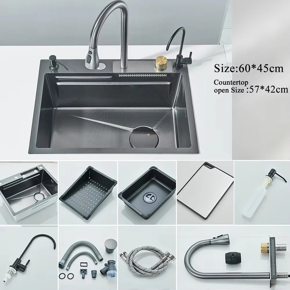 MYQualife 304 Stainless Steel Waterfall Kitchen Sink Faucet Set Digital Display