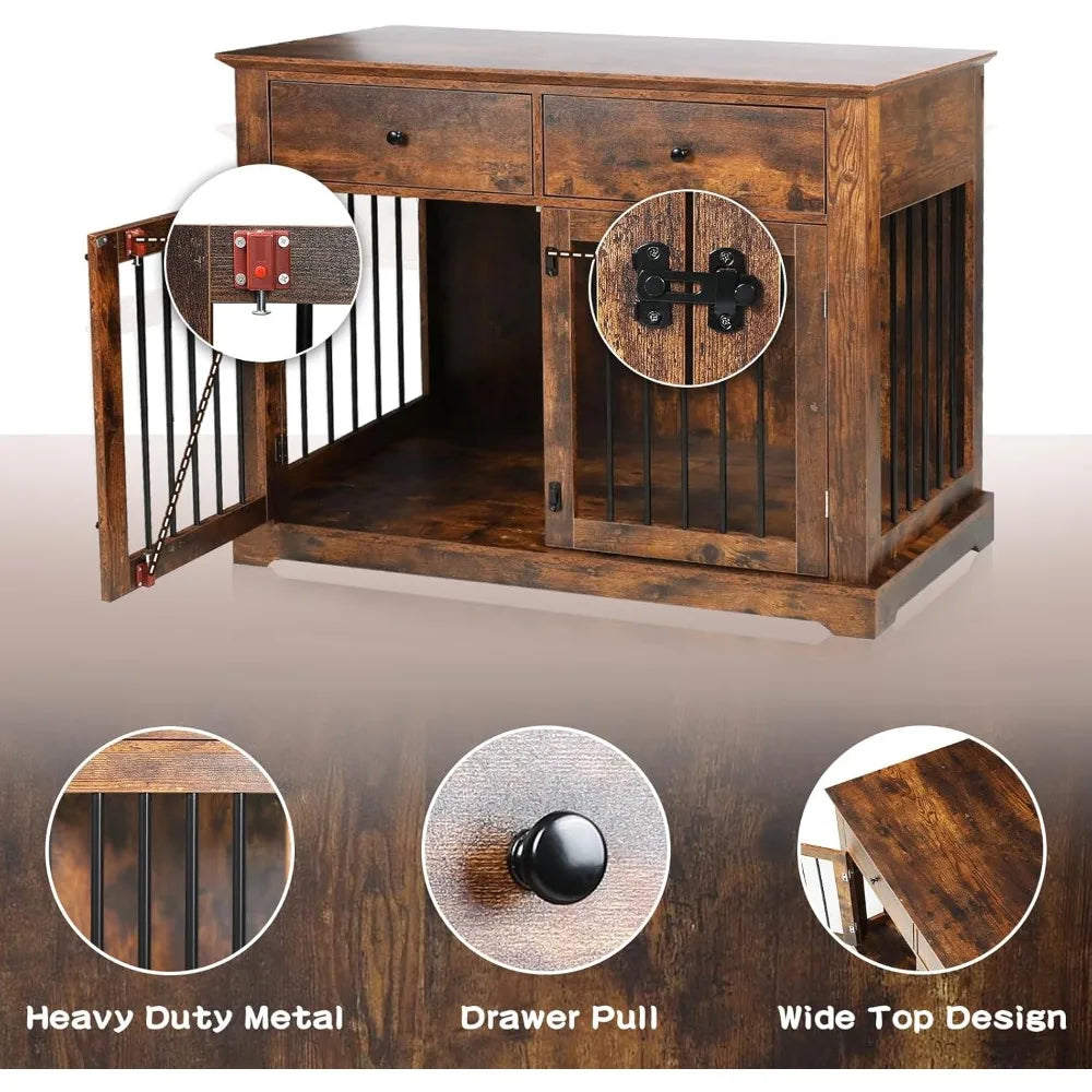 Wooden Dog Crate End Table With Storage Drawers