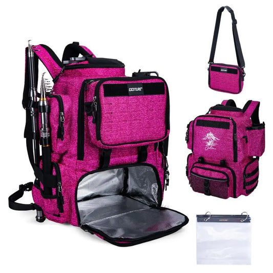 Fishing Backpack, 58L 900D WaterResistant Insulated Tackle Backpack with Cooler, Rod Holders, 8 Lure Pockets, Detachable Crossbo