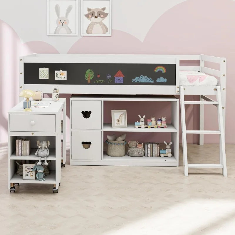 Low Loft Bed With Desk And Blackboard In Solid Wood