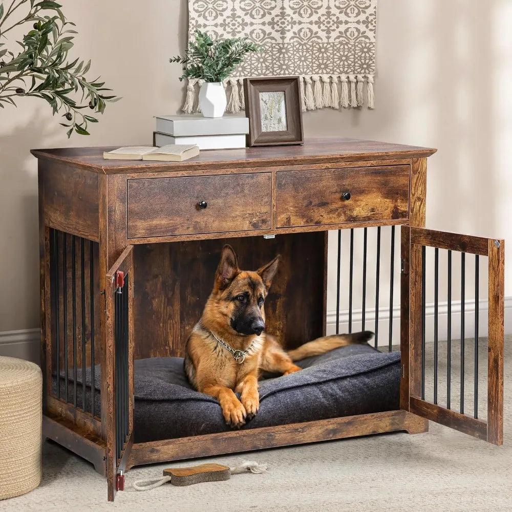 Wooden Dog Crate End Table With Storage Drawers