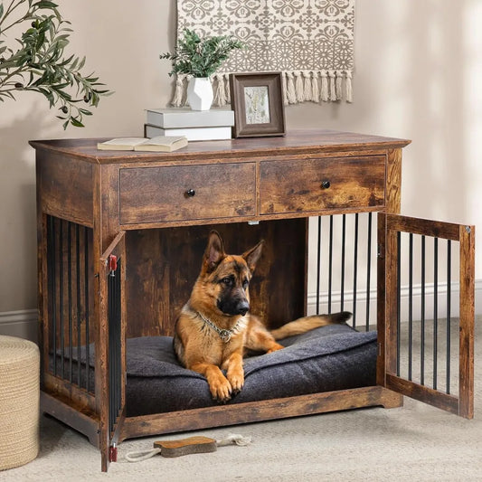 Wooden Dog Crate End Table With Storage Drawers