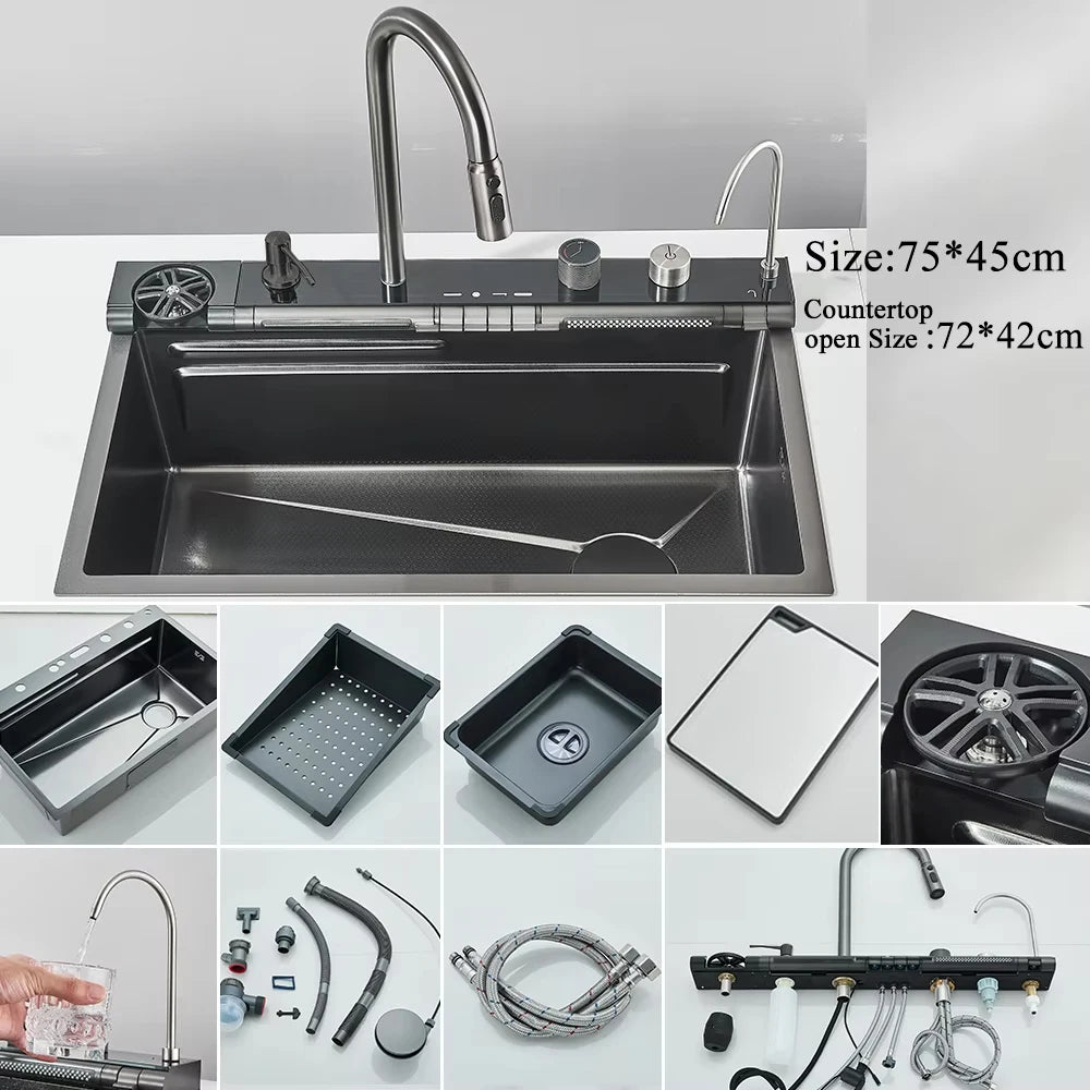 MYQualife 304 Stainless Steel Waterfall Kitchen Sink Faucet Set Digital Display