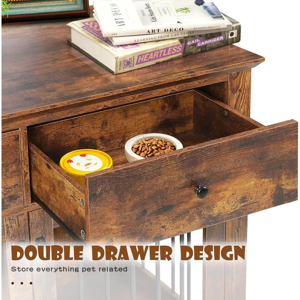 Wooden Dog Crate End Table With Storage Drawers