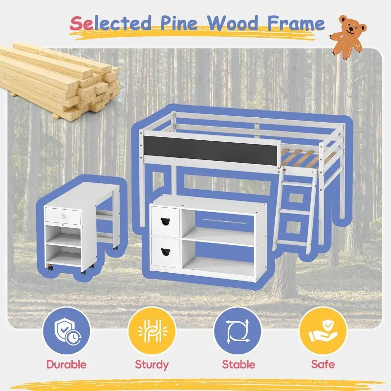 Low Loft Bed With Desk And Blackboard In Solid Wood