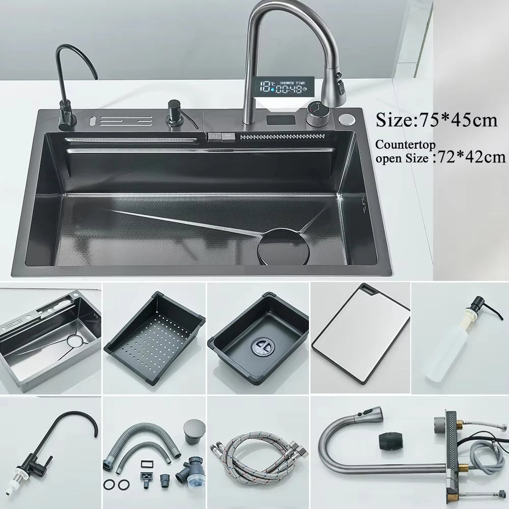 MYQualife 304 Stainless Steel Waterfall Kitchen Sink Faucet Set Digital Display