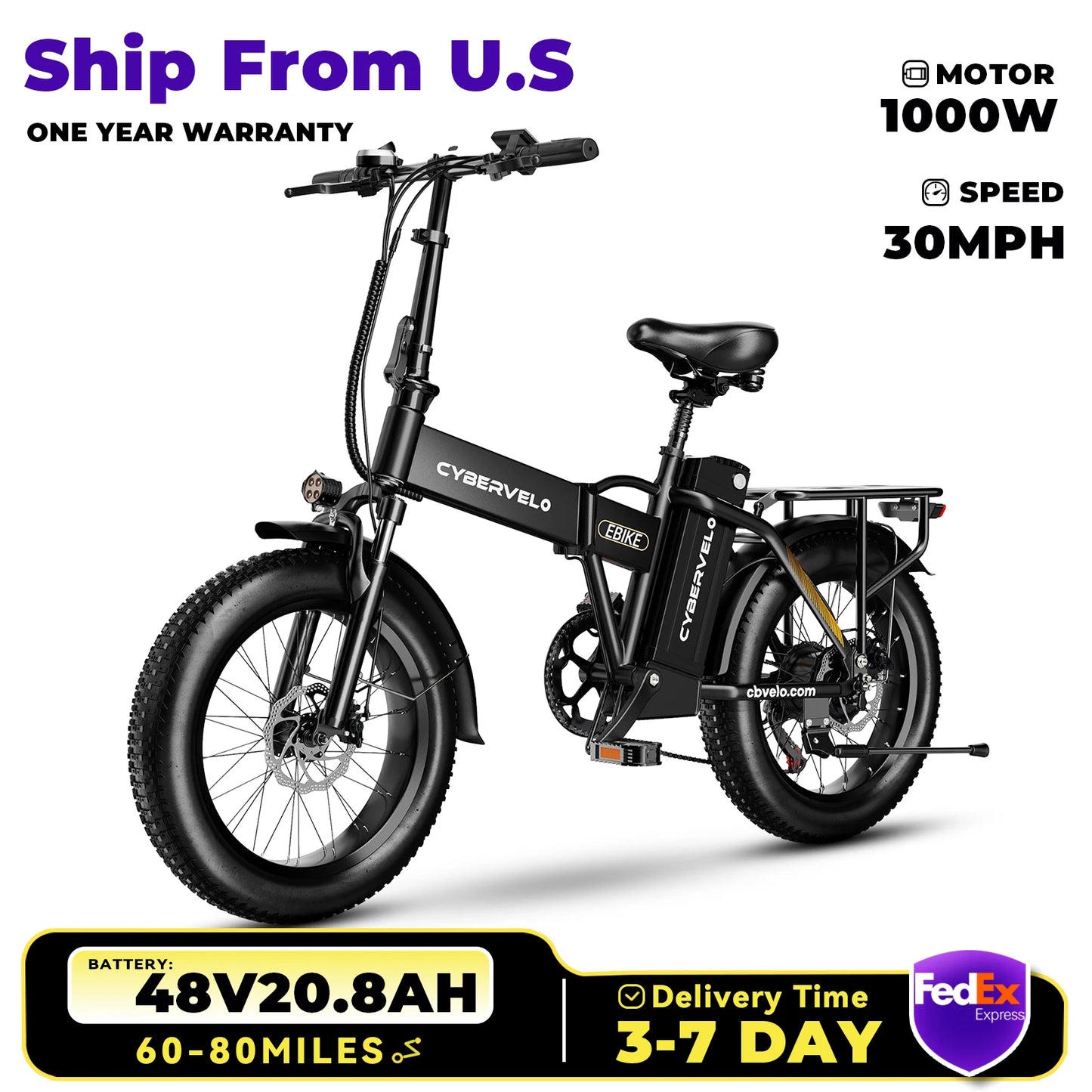 CYBERVELO EK4 Folding Electric Bike 1000W 48V 20Ah Battery