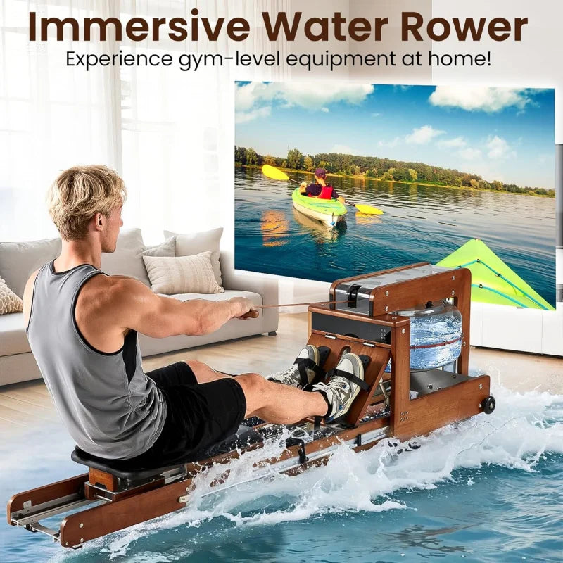 Water Rowing Machine for Home with Drawer-Style Folding Design Heavy Duty Water Fitness Oak Wood Immersive