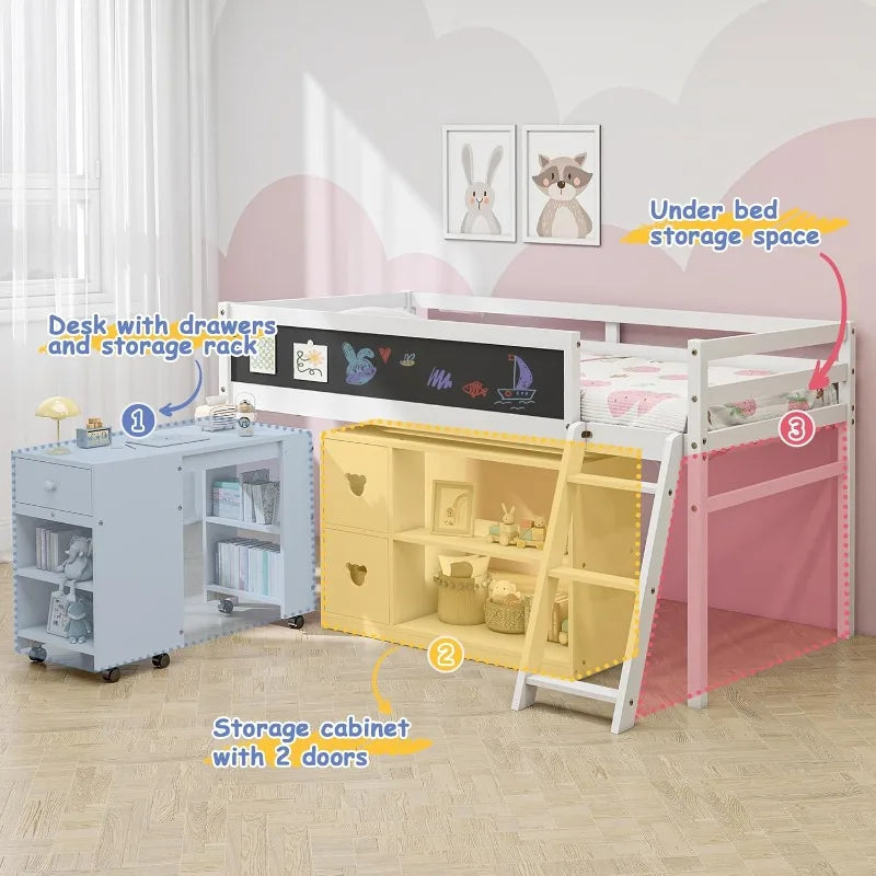Low Loft Bed With Desk And Blackboard In Solid Wood